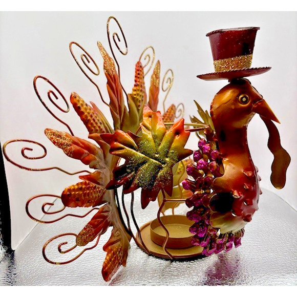 Vintage Turkey Candle Holder Fall Decor Rustic Glam 6x11 - Picture 2 of 6